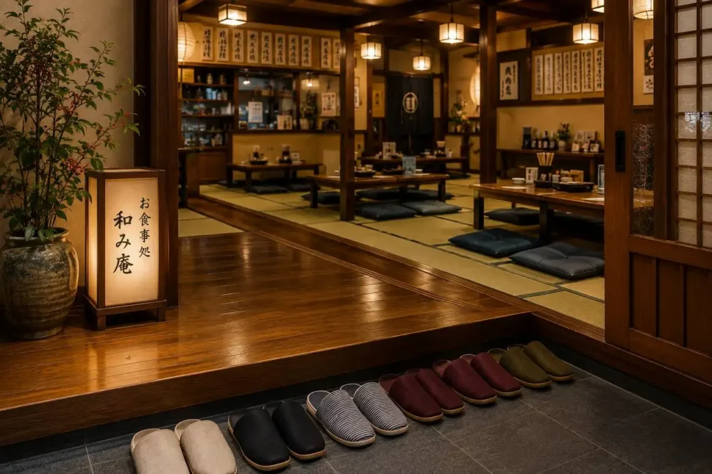 photo 2026 07 25 00 27 29 Genkan di un ristorante tradizionale giapponese con scarpe all’ingresso