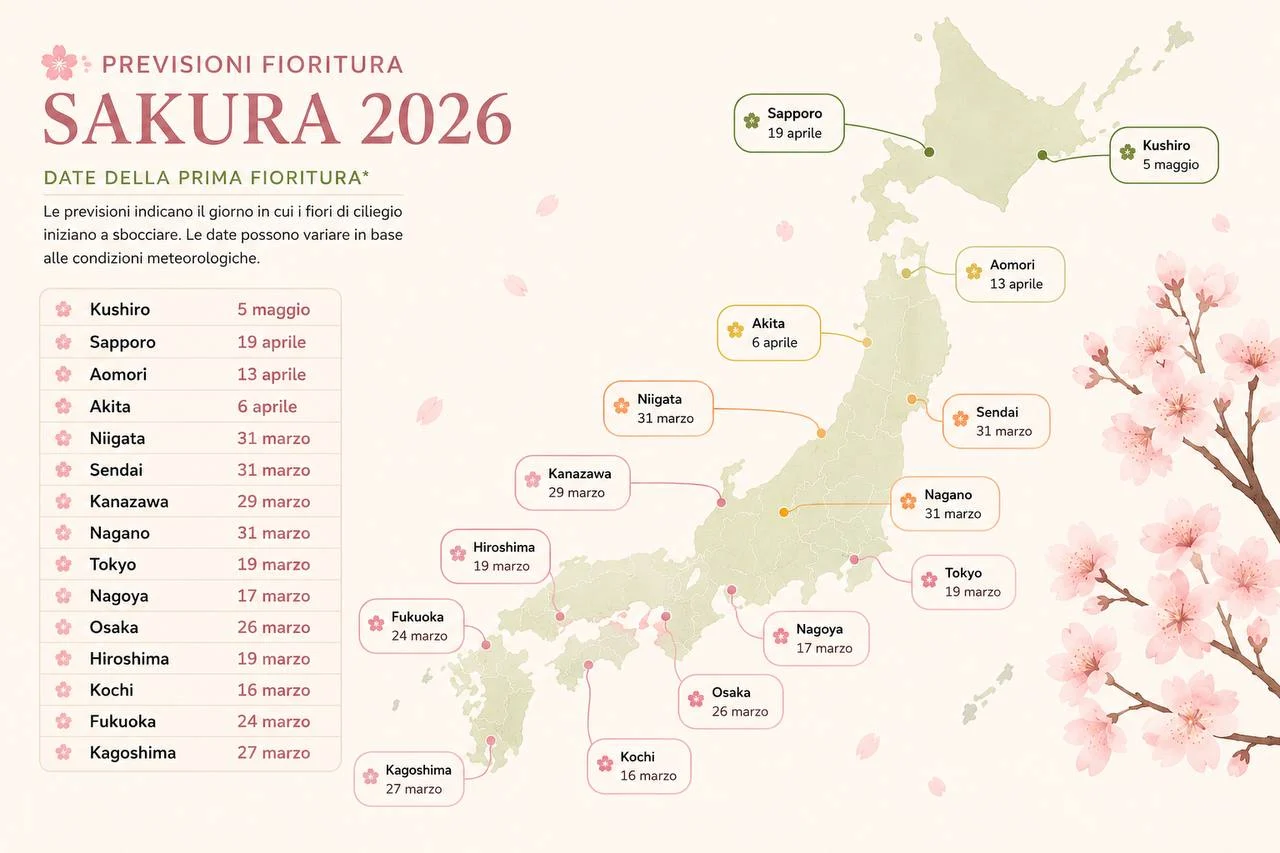 Previsioni fioritura sakura 2026 in Giappone con date per città