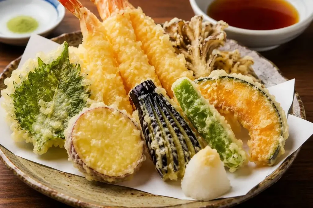 Tempura giapponese con gamberi e verdure fritte in pastella