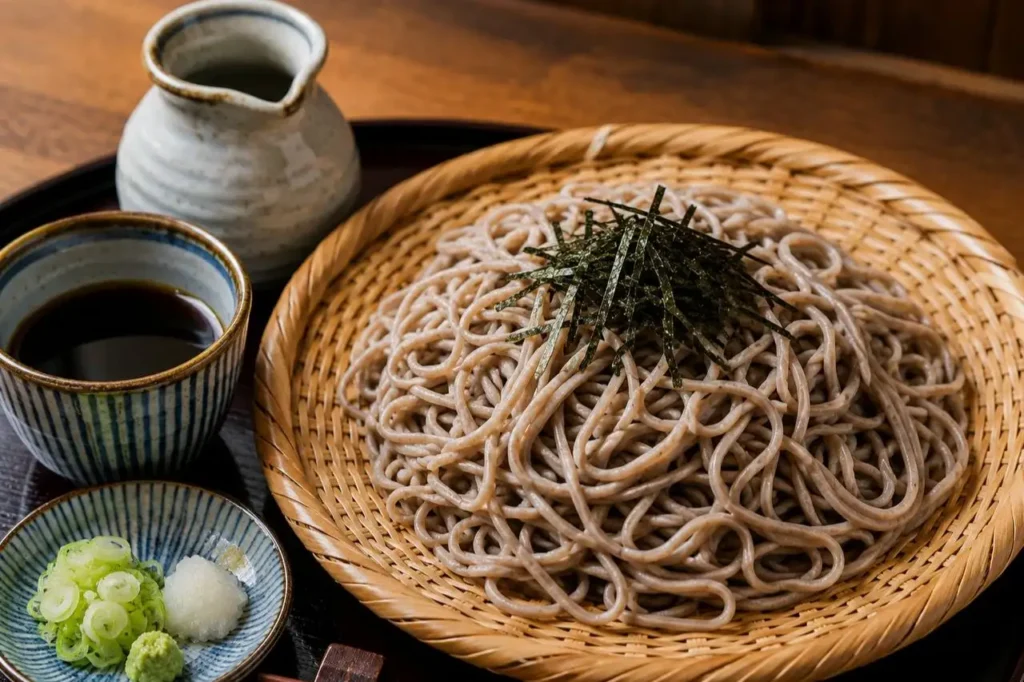 Soba giapponese fredda con salsa e cipollotto