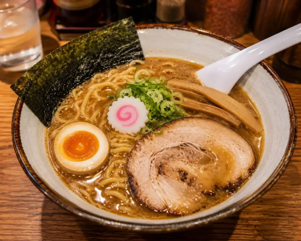 Ramen giapponese con noodles, uovo, chashu e alga nori