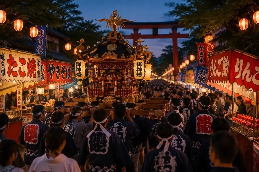 Matsuri e feste giapponesi con mikoshi, lanterne e bancarelle