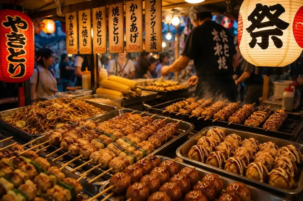 Street food giapponese nelle bancarelle di un matsuri