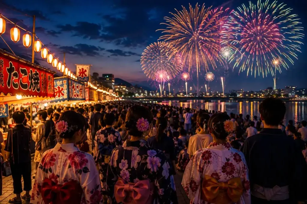 Festività giapponesi estive con fuochi d’artificio e yukata