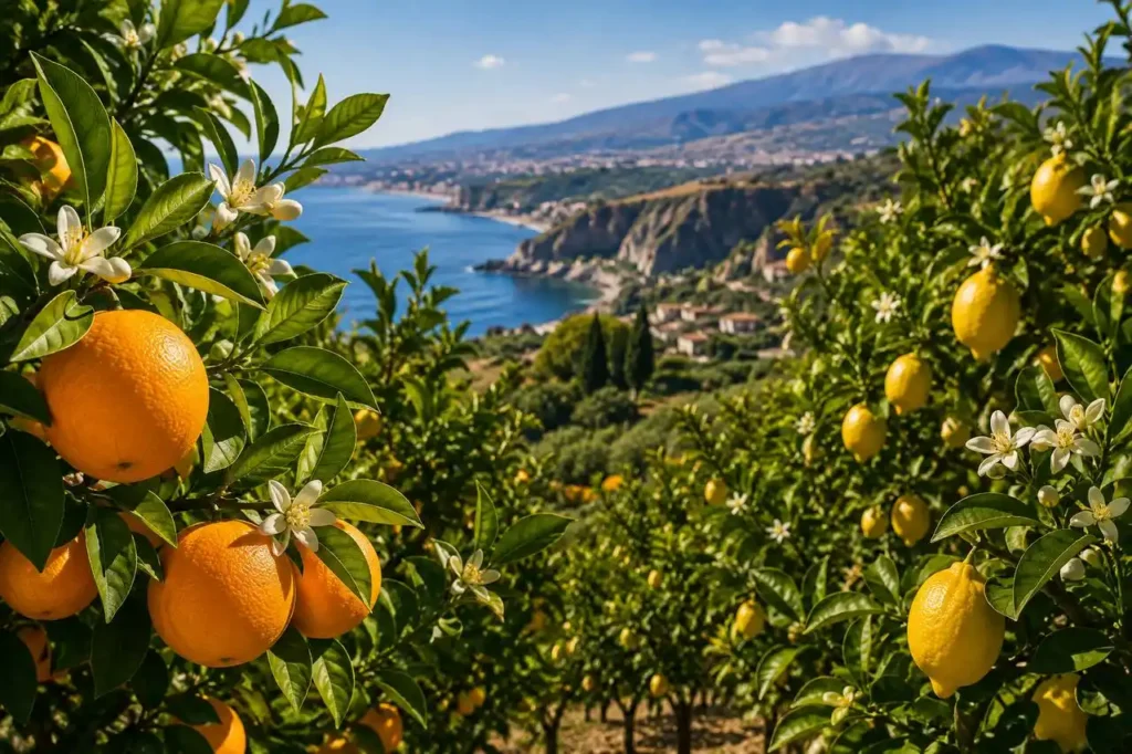 Agrumeto con arance e limoni nell’isola di Sicilia