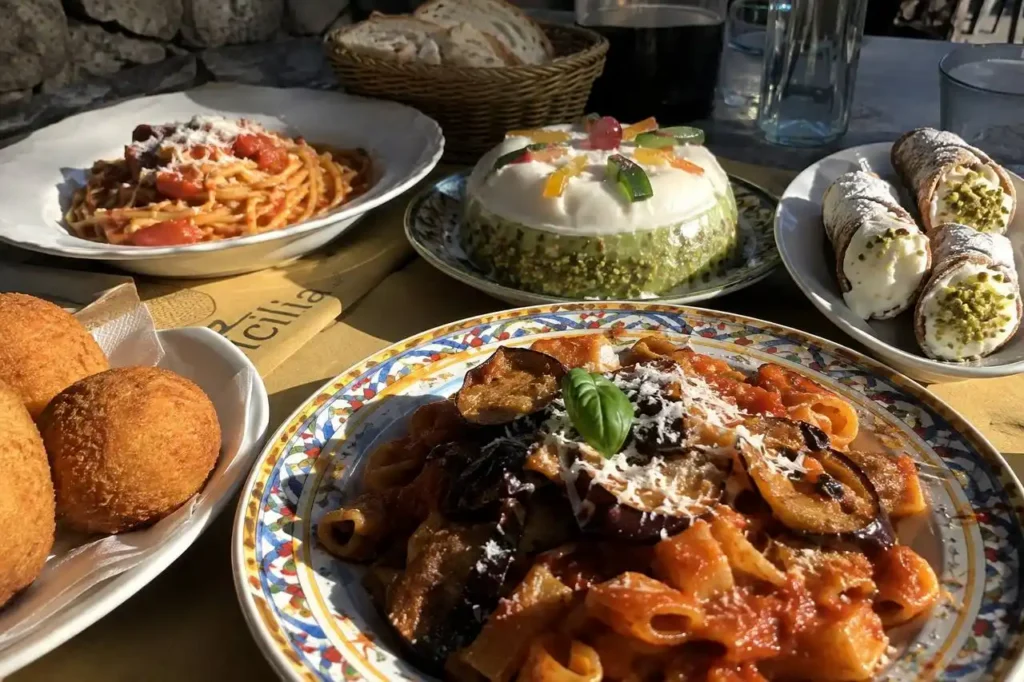 Piatti tipici della cucina siciliana con pasta alla Norma, arancine e cannoli