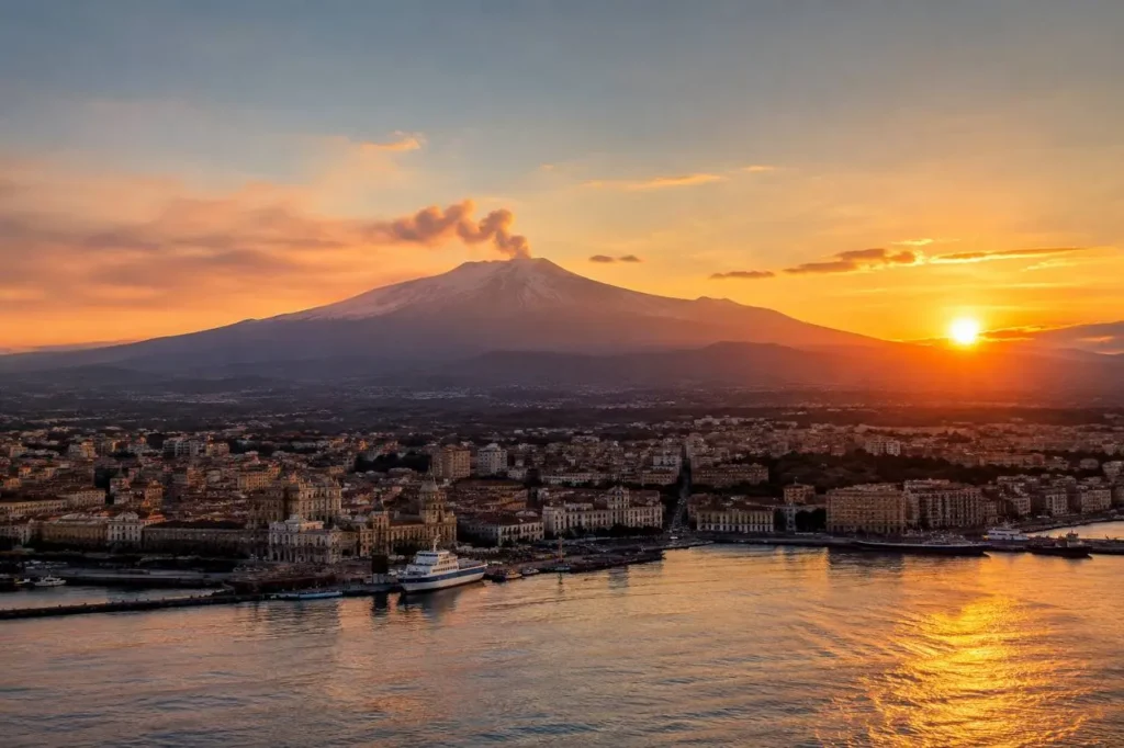 Etna al tramonto vista dalla costa della Sicilia orientale