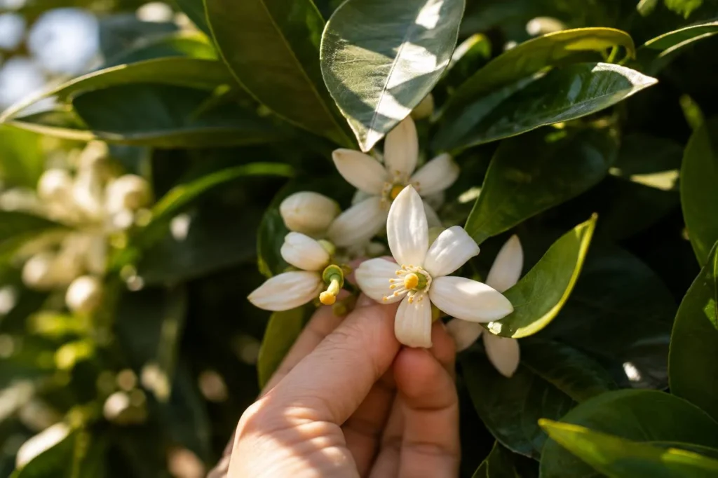 Fiore di zagara di Sicilia tra le foglie di un agrume