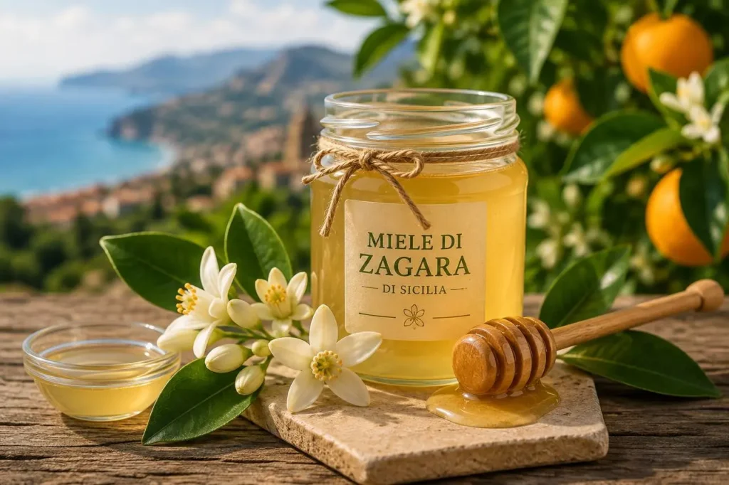 Miele di zagara siciliano con fiori di zagara e agrumi