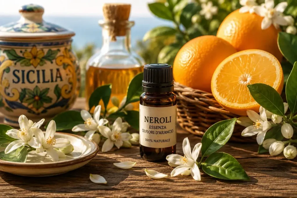 Essenza di neroli ricavata dai fiori di zagara con arance siciliane
