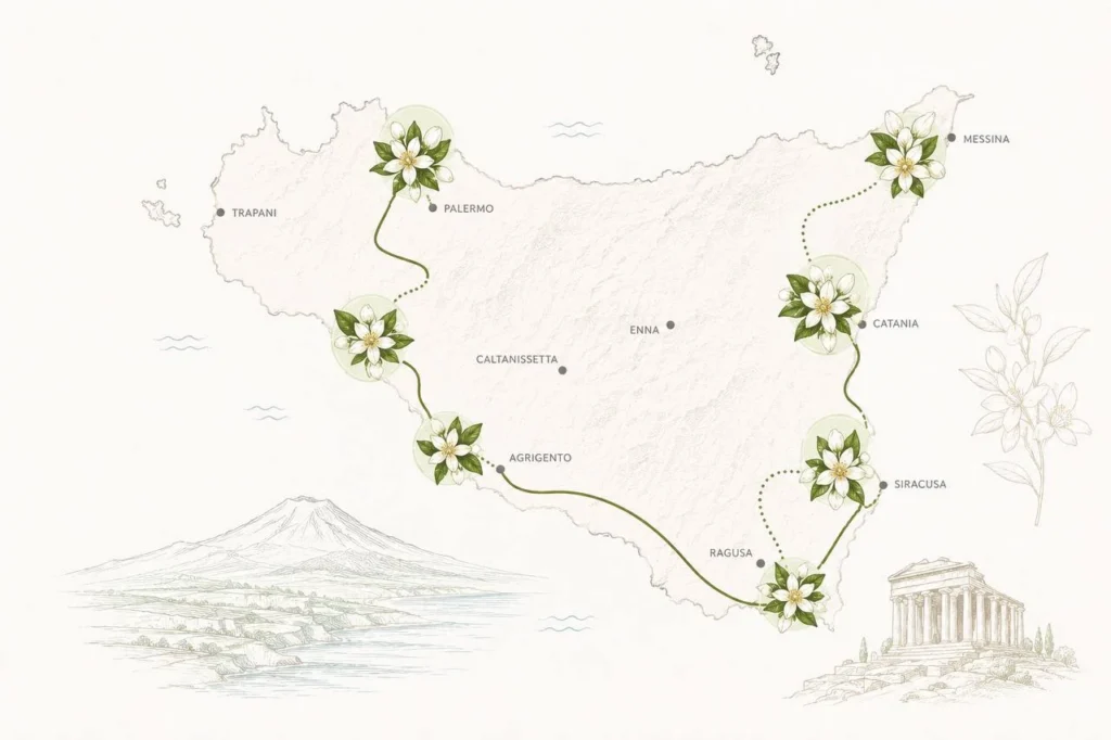 Mappa delle vie della zagara di Sicilia tra agrumeti e fiori di zagara
