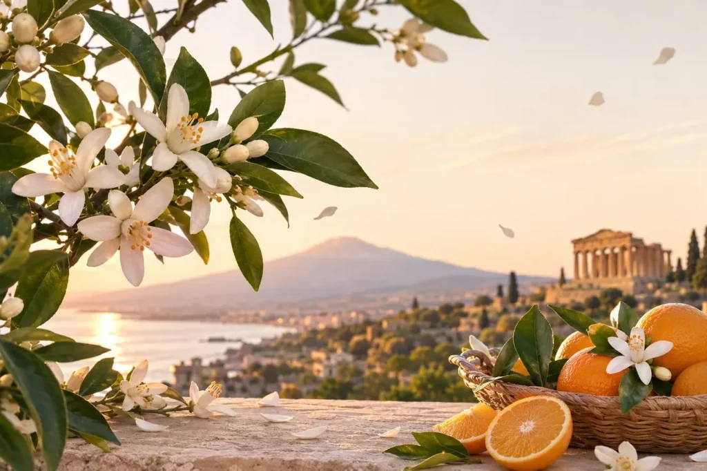 Zagara di Sicilia con fiori di zagara, arance e paesaggio siciliano