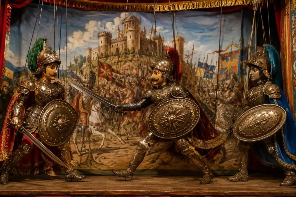 Pupi siciliani in armatura durante uno spettacolo dell’Opera dei Pupi