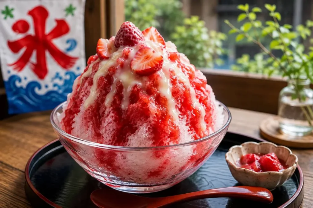 Kakigori alla fragola con sciroppo e latte condensato