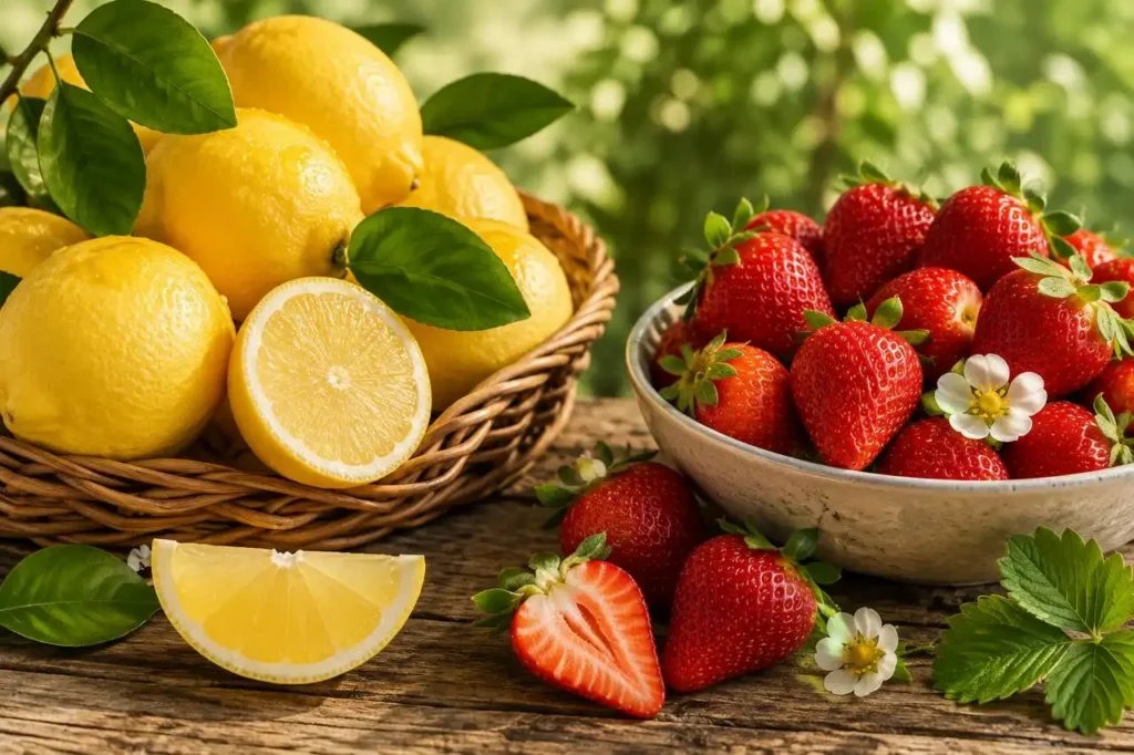 Limoni e fragole, ingredienti di granita siciliana e kakigori