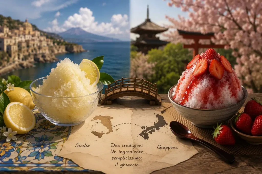 Granita siciliana al limone e kakigori giapponese alla fragola