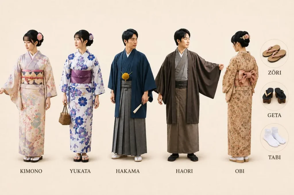 Abiti giapponesi tradizionali: kimono, yukata, hakama, haori, obi, zōri, geta e tabi