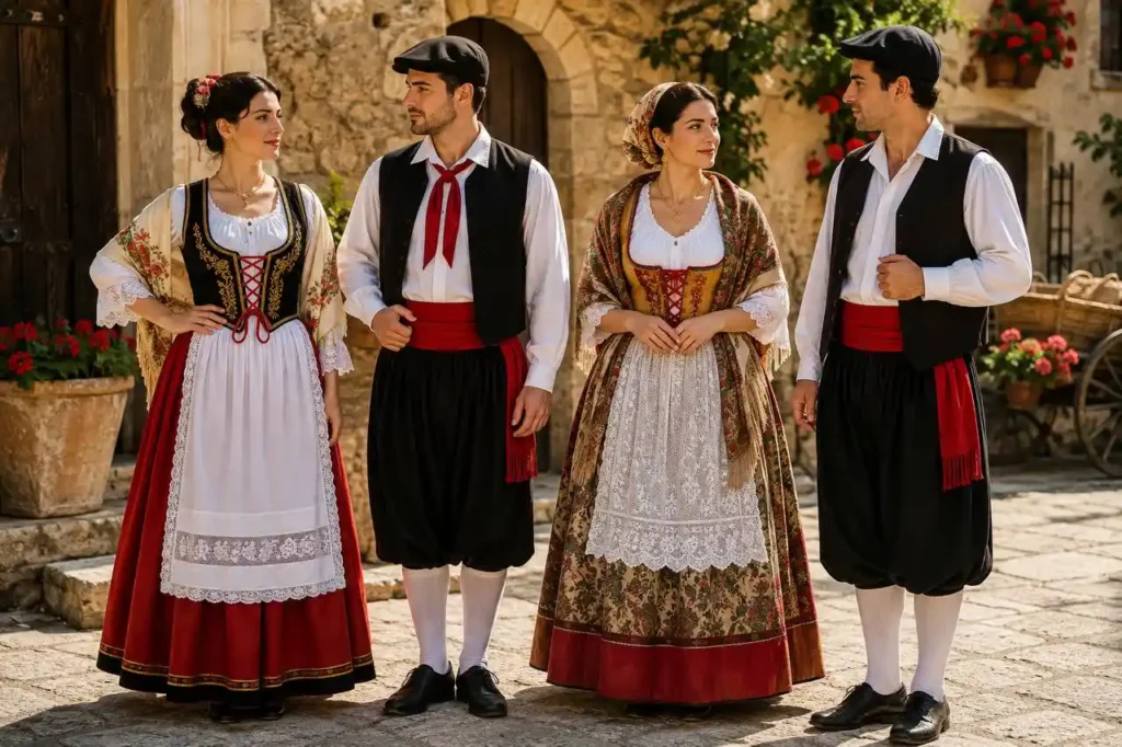 Costumi siciliani tradizionali da uomo e da donna con abiti popolari tipici