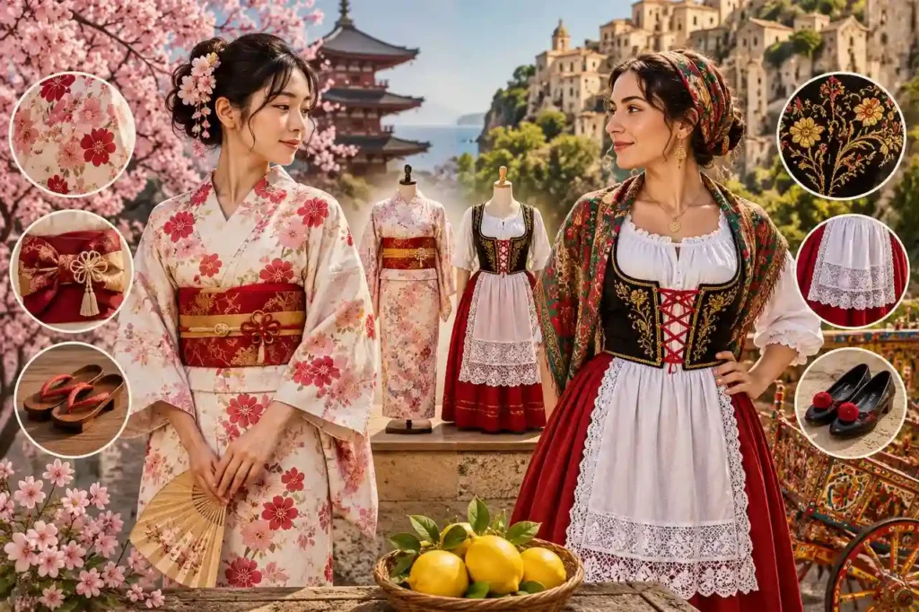 Costumi siciliani tradizionali da uomo e da donna durante una festa popolare