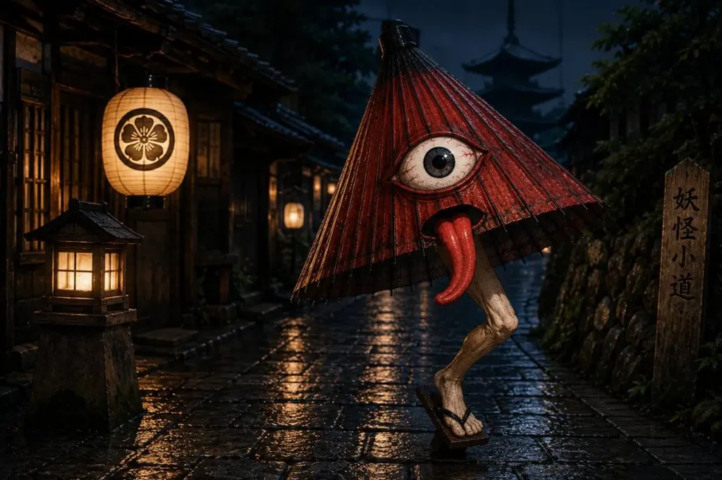 Karakasa-obake, yokai giapponese a forma di ombrello con un occhio e una gamba