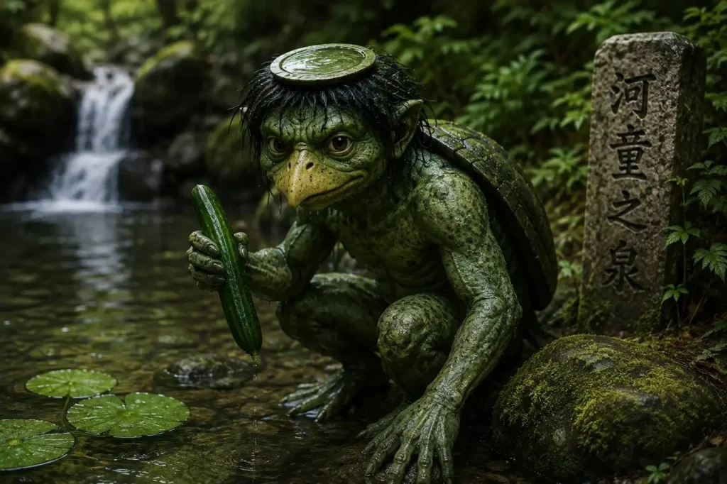 Kappa, yokai giapponese dei fiumi con guscio e piatto d’acqua sulla testa