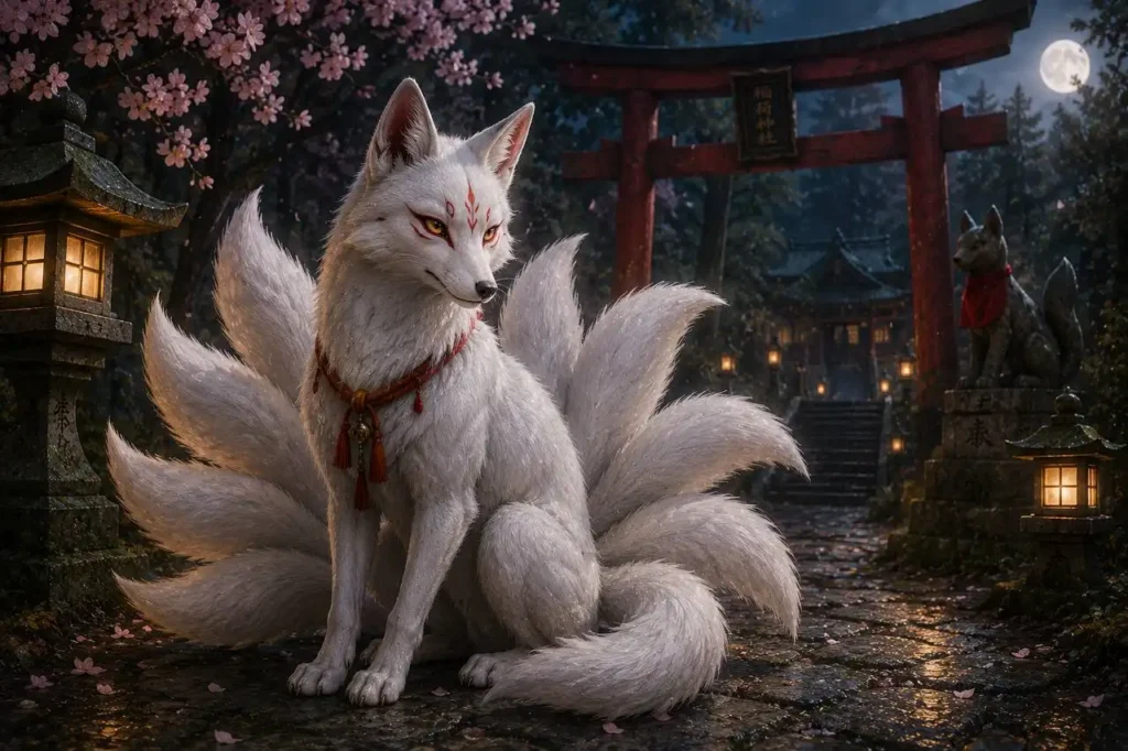 Kitsune, volpe yokai giapponese a nove code davanti a un santuario shintoista