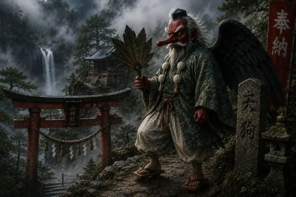 Tengu, yokai giapponese dal lungo naso e ali nere tra le montagne del Giappone