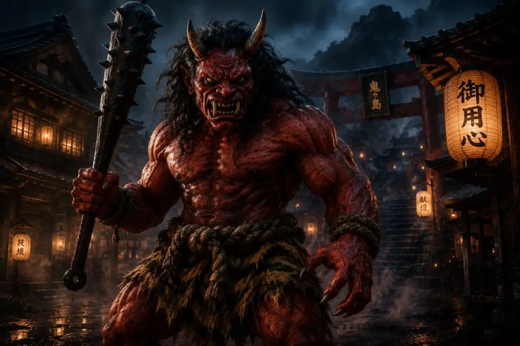 Oni, yokai giapponese con corna e kanabo in un villaggio tradizionale del Giappone