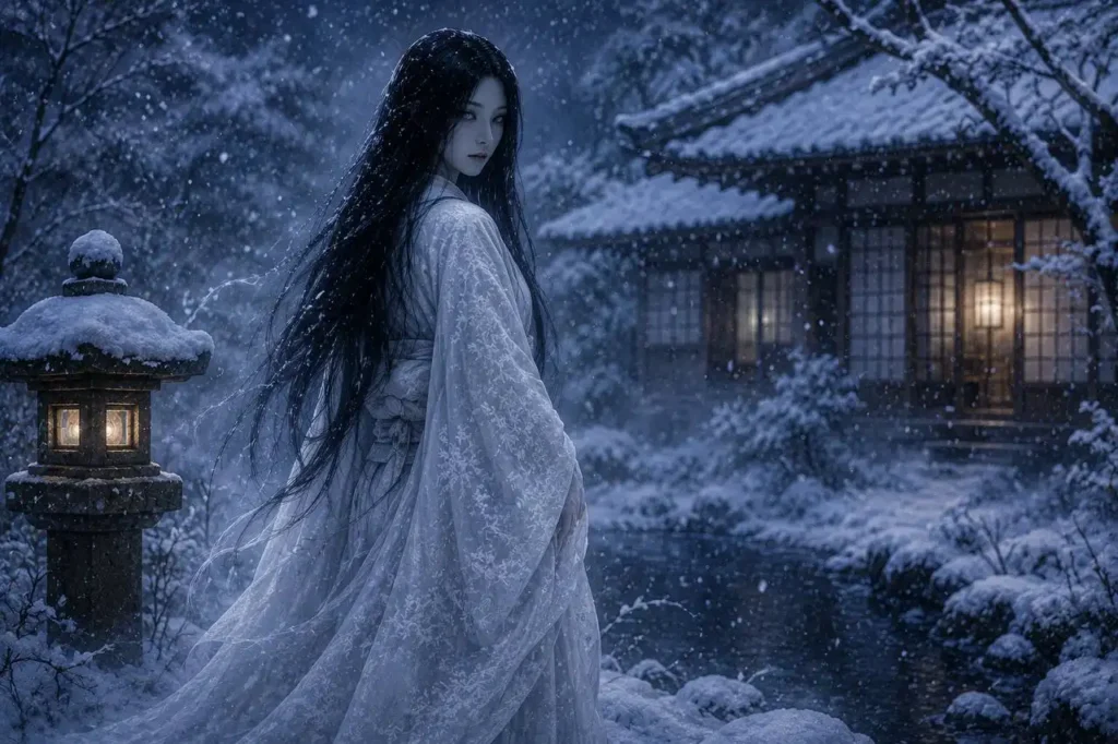 Yuki-onna, yokai giapponese della neve raffigurata come una donna in kimono bianco