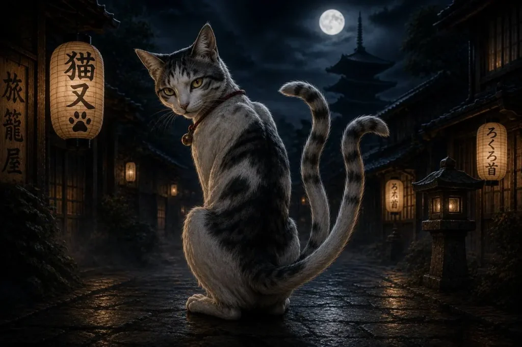 Nekomata, yokai giapponese raffigurato come un gatto soprannaturale con due code