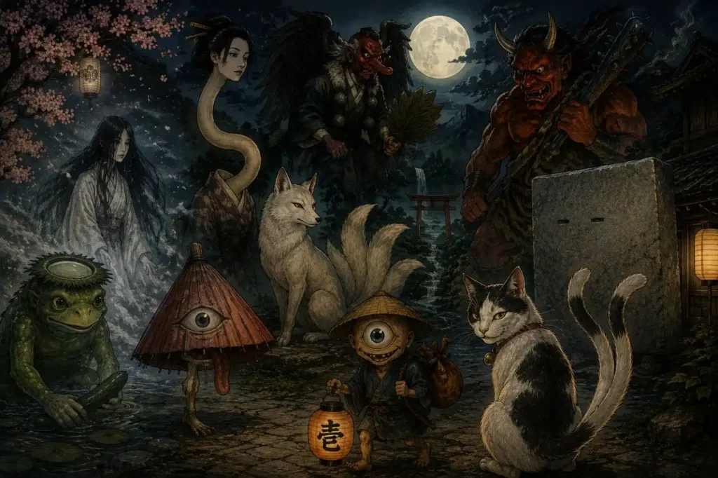 Yokai giapponesi riuniti tra Kappa, Kitsune, Tengu, Oni, Nekomata e altre creature dei miti giapponesi