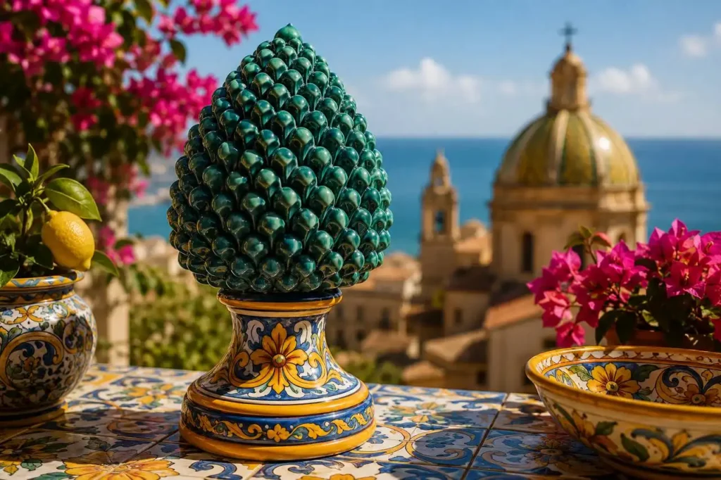 Pigna in ceramica maiolica tra le tradizionali decorazioni siciliane