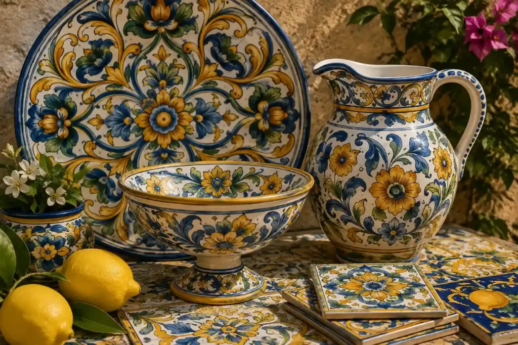 Ceramica maiolica siciliana decorata con motivi floreali e colori mediterranei