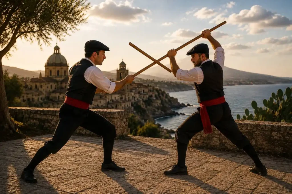 Due praticanti di bastone siciliano durante un combattimento tradizionale