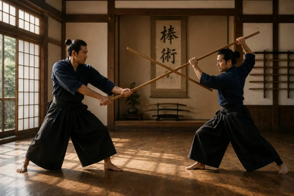 Due praticanti di Bojutsu giapponese durante un combattimento con il bō