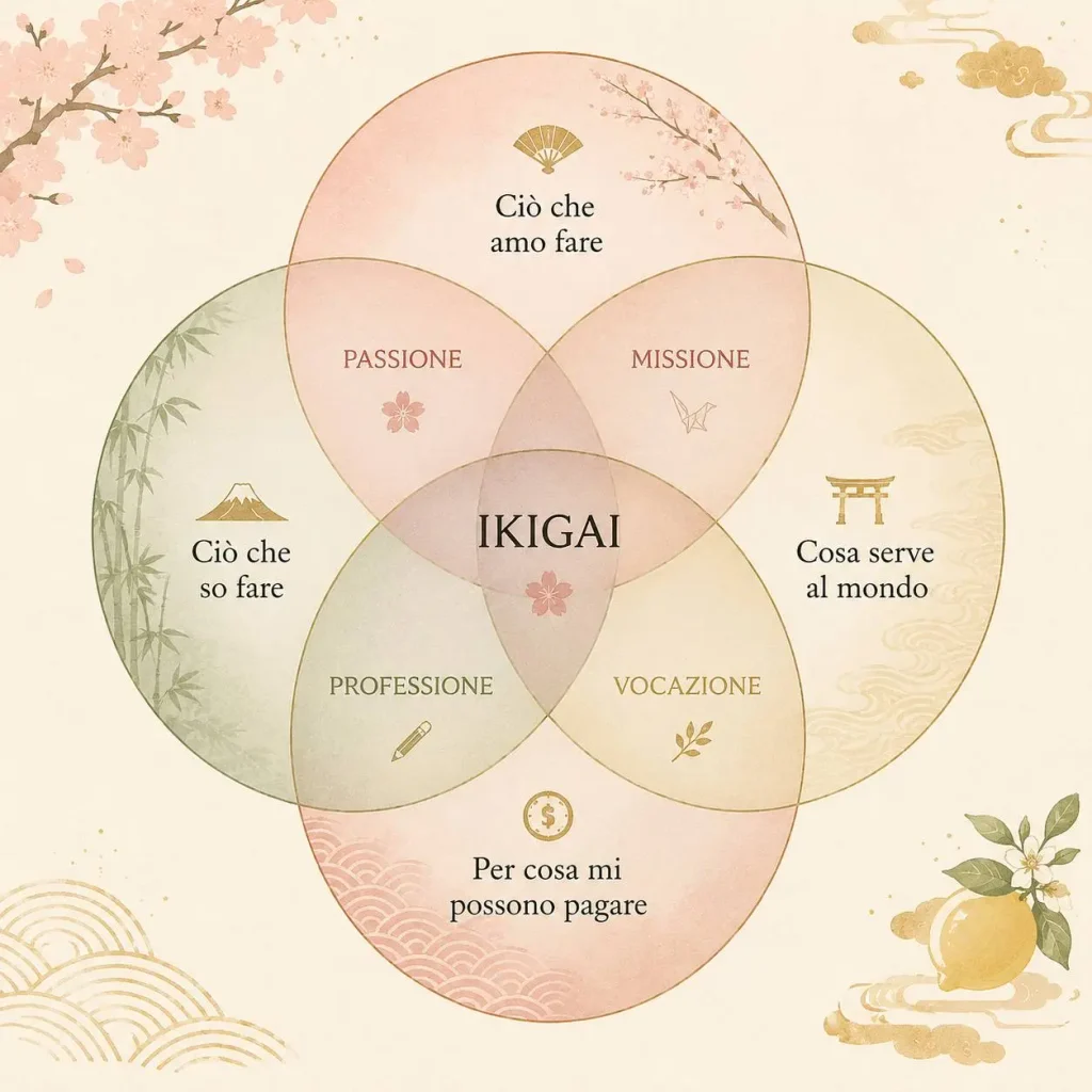 Ikigai significato: diagramma dei quattro elementi della filosofia giapponese