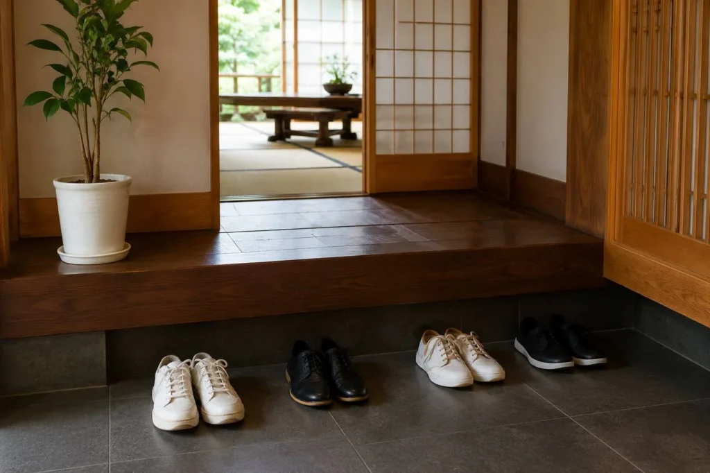 photo 5987720392937770253 y Genkan di una casa giapponese con scarpe lasciate all'ingresso