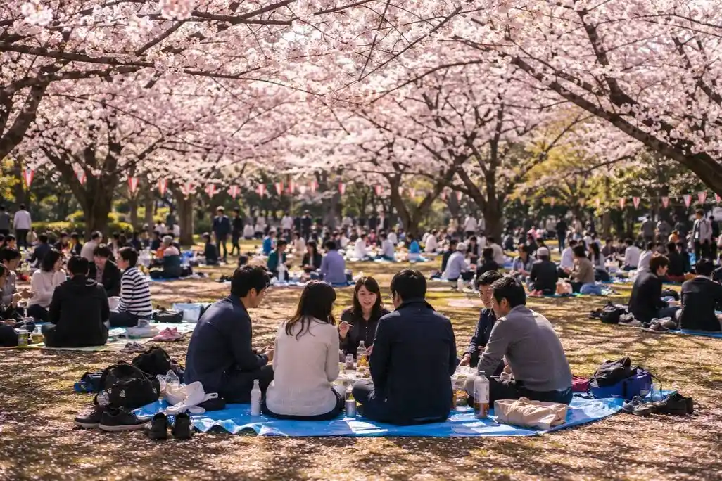 Hanami significato: persone sotto i ciliegi in fiore in Giappone