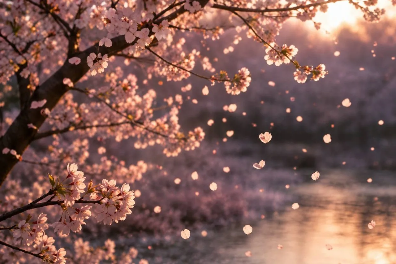 Sakura significato: petali di ciliegio che cadono al vento in Giappone