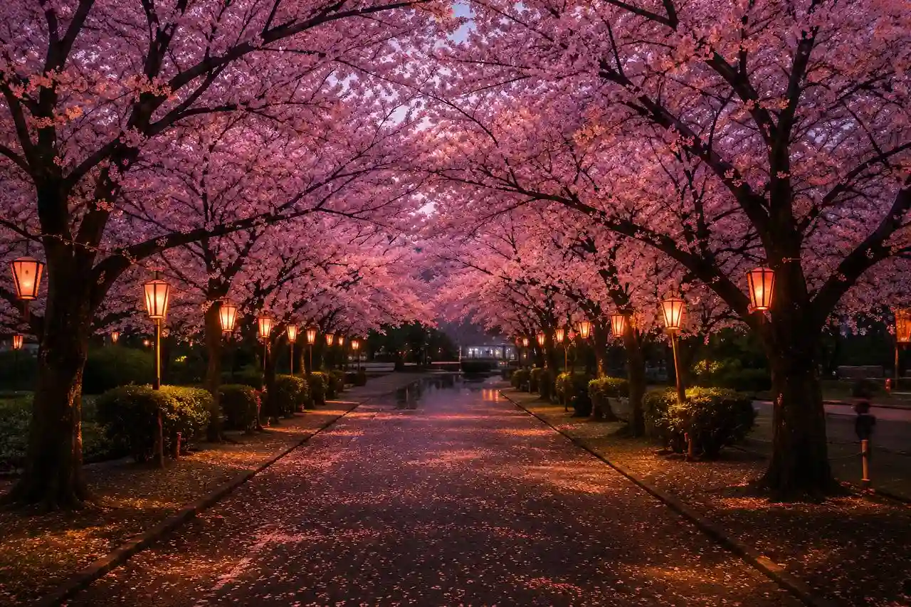 Viale di ciliegi sakura illuminati durante la fioritura in Giappone
