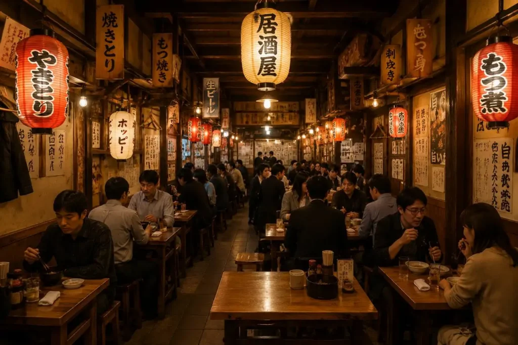 Izakaya tradizionale giapponese affollato con lanterne e clienti